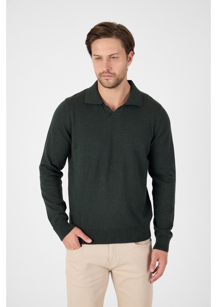 Haki Saf %100 Pamuk Erkek Patlı Düğmesiz Polo Yaka Triko Kazak fırsatları