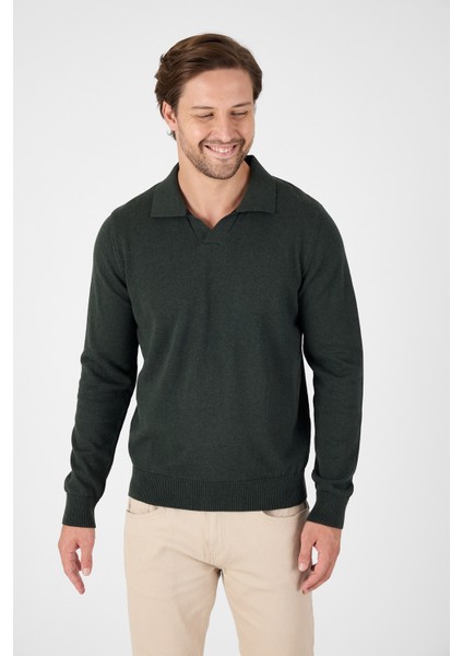 Haki Saf %100 Pamuk Erkek Patlı Düğmesiz Polo Yaka Triko Kazak