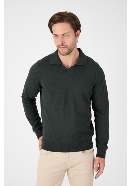 Haki Saf %100 Pamuk Erkek Patlı Düğmesiz Polo Yaka Triko Kazak