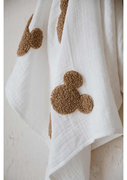 Pamuk Dört Kat Müslin Teddy Desenli Unisex Ekru Bebek Battaniyesi – Yumuşak, Nefes Alabilen ve Hassas Cilt Dostu