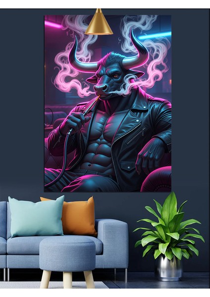 Neon Mor Minotaur Karakteri ve Nargile Dekoratif Kanvas - Mdf Ahşap Tablo