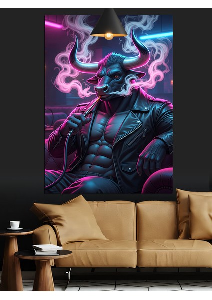 Neon Mor Minotaur Karakteri ve Nargile Dekoratif Kanvas - Mdf Ahşap Tablo fiyatları