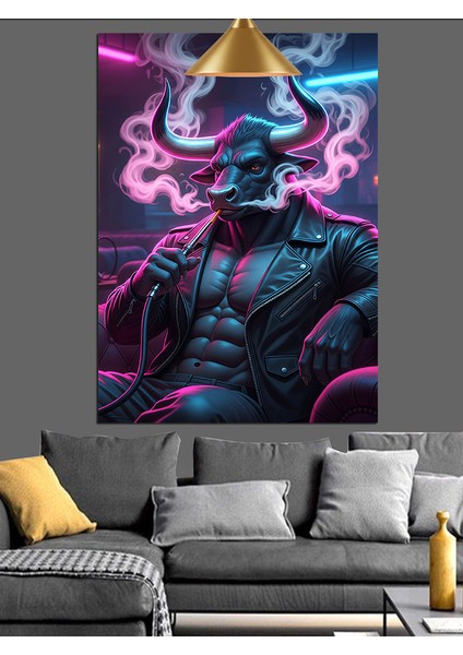 Neon Mor Minotaur Karakteri ve Nargile Dekoratif Kanvas - Mdf Ahşap Tablo modelleri