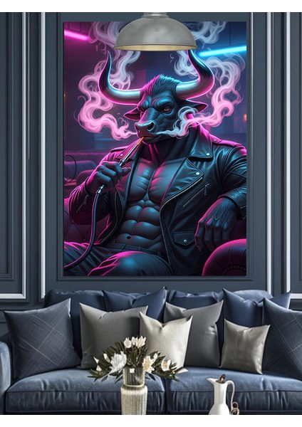 Neon Mor Minotaur Karakteri ve Nargile Dekoratif Kanvas - Mdf Ahşap Tablo fırsatları