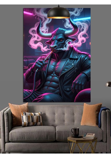 Neon Mor Minotaur Karakteri ve Nargile Dekoratif Kanvas - Mdf Ahşap Tablo indirimleri
