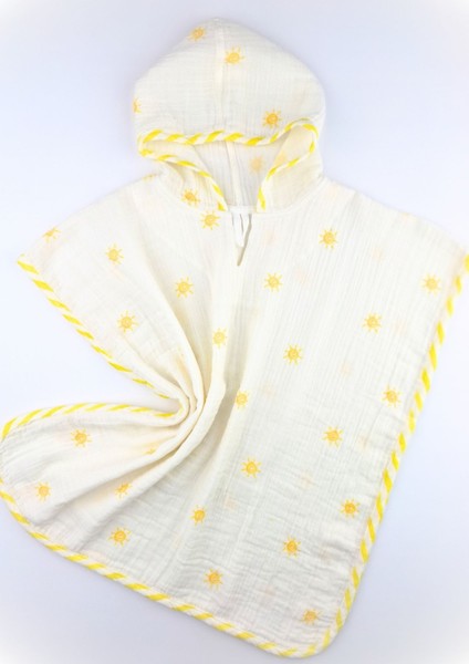 Güneş Desenli Organik Müslin Çocuk Panço Hızlı Kuruyan, Kapüşonlu