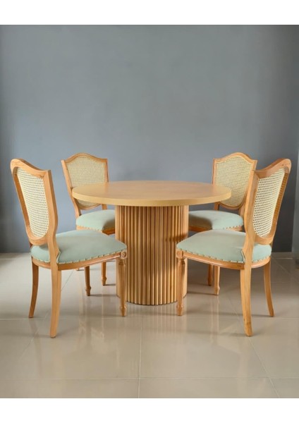 Retro Ahşap Masa Takımı, Yuvarlak Masa Klasik Hazeranlı Sandalye