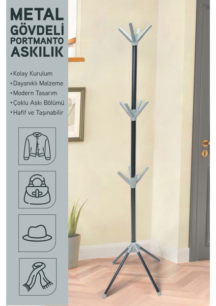 Modern Portatif Elbise Askısı Ayaklı Portmanto Askı Vestiyer Askılık - Gri