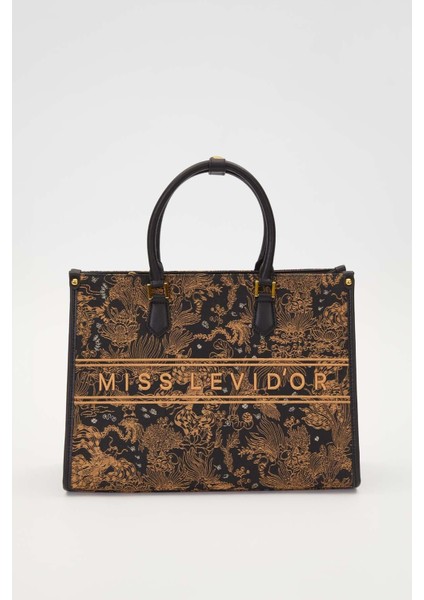 Siyah Baskı Detaylı Büyük El Çantası