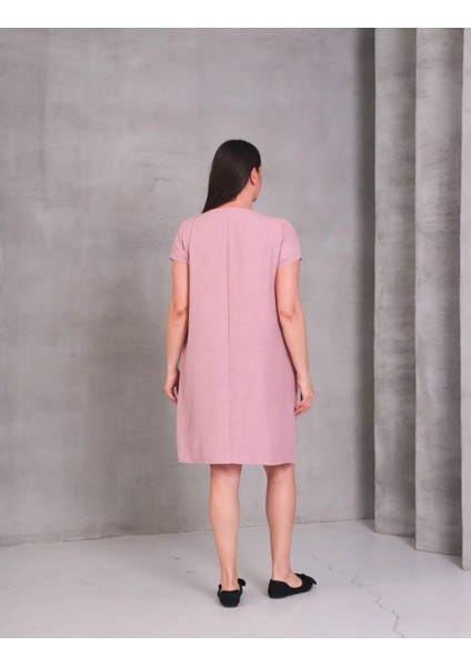 Kadın Büyük Beden Cep Detaylı V Yaka Pudra Pembe Elbise fiyatları