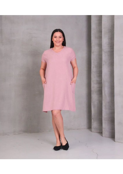 Kadın Büyük Beden Cep Detaylı V Yaka Pudra Pembe Elbise fırsatları