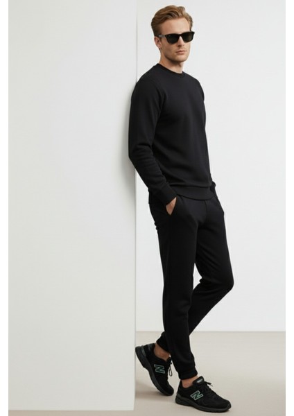 Pamuklu Erkek 2'li Eşofman Takımı Siyah Regular Fit Ipli Cepli 3 Iplik Lastikli Paça Sweatshirt + Eşofman Altı Nefes Alan