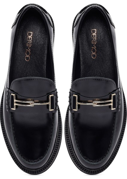 Kadın Siyah Tokalı Deri Maskülen Loafer 25AFD260226