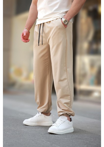 Bej Rahat Kesim Paçası Lastikli Erkek Eşofman Altı E6573