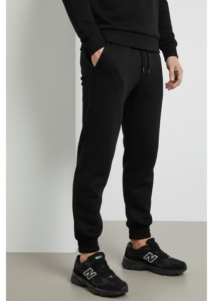 Pamuklu Erkek 2'li Eşofman Takımı Siyah Regular Fit Ipli Cepli 3 Iplik Lastikli Paça Sweatshirt + Eşofman Altı Nefes Alan modelleri