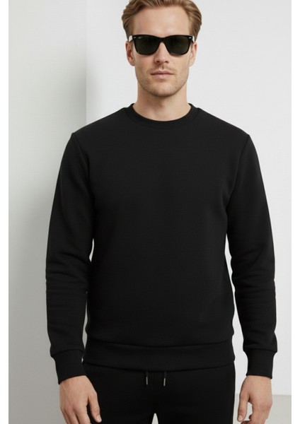 Pamuklu Erkek 2'li Eşofman Takımı Siyah Regular Fit Ipli Cepli 3 Iplik Lastikli Paça Sweatshirt + Eşofman Altı Nefes Alan fiyatları