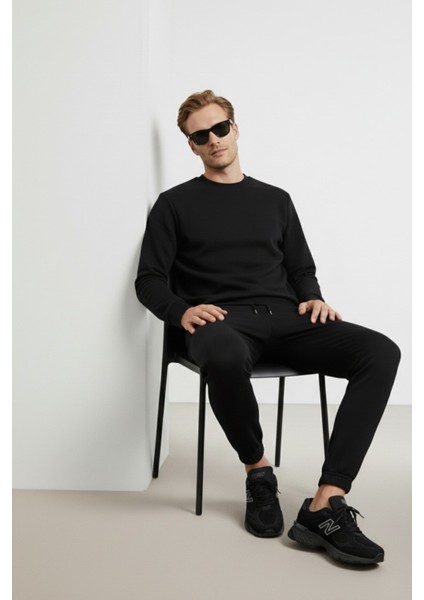 Pamuklu Erkek 2'li Eşofman Takımı Siyah Regular Fit Ipli Cepli 3 Iplik Lastikli Paça Sweatshirt + Eşofman Altı Nefes Alan