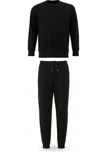 Pamuklu Erkek 2'li Eşofman Takımı Siyah Regular Fit Ipli Cepli 3 Iplik Lastikli Paça Sweatshirt + Eşofman Altı Nefes Alan