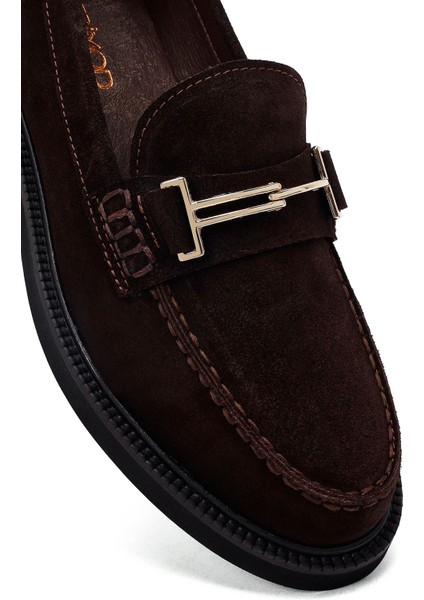 Kadın Kahverengi Tokalı Süet Deri Loafer 25AFD260210