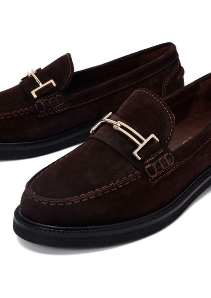 Kadın Kahverengi Tokalı Süet Deri Loafer 25AFD260210