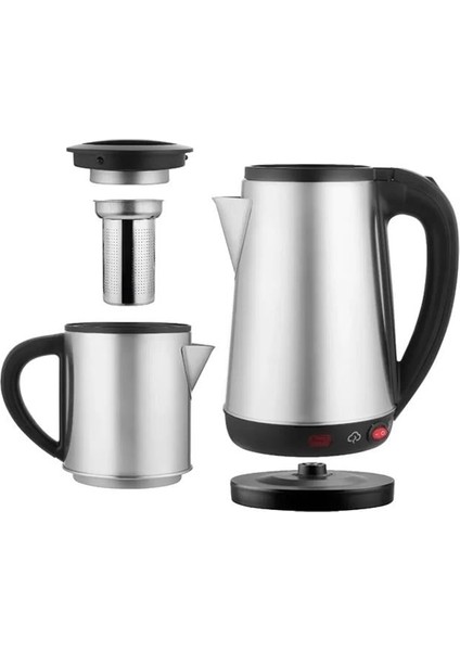 Crown CRW-2201 1800W 1.8 - 0.8 Litre Çelik Hazneli Çaycı Mutfak Kettle Demlikli ve Süzgeçli Inox