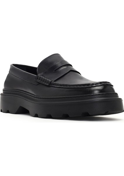 Erkek Siyah Kalın Tabanlı Deri Loafer 25WFD611918