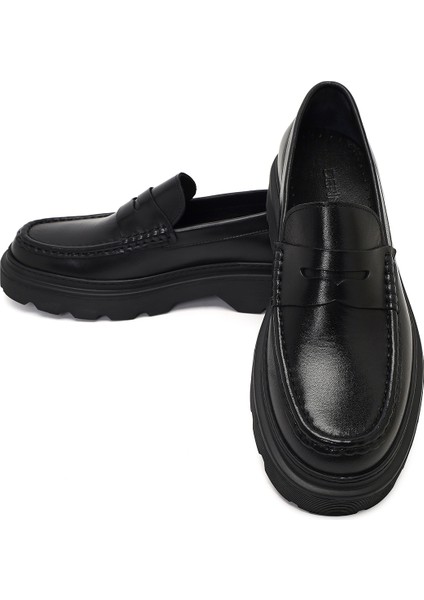Erkek Siyah Kalın Tabanlı Deri Loafer 25WFD611918