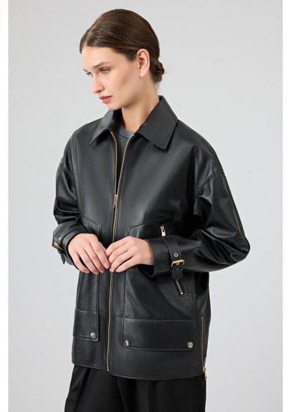 Rosalin Kadın Siyah Gömlek Yaka Oversize Deri Mont 25WGE53271M fiyatları