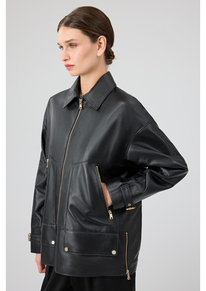 Rosalin Kadın Siyah Gömlek Yaka Oversize Deri Mont 25WGE53271M fırsatları