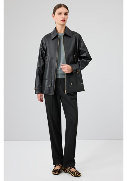 Rosalin Kadın Siyah Gömlek Yaka Oversize Deri Mont 25WGE53271M indirimleri