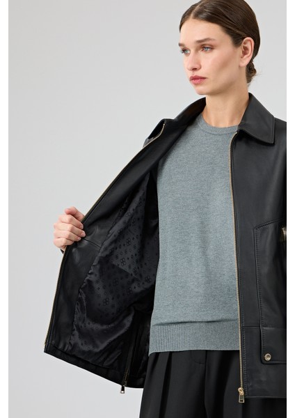 Rosalin Kadın Siyah Gömlek Yaka Oversize Deri Mont 25WGE53271M