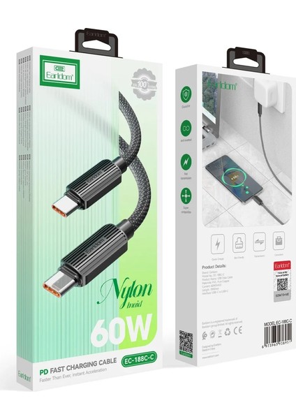 EC-188CC 1m 60W Hasırlı Type-C To Type-C Pd Hızlı Şarj Kablosu - Siyah