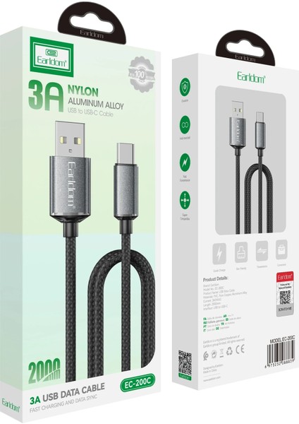 EC-200C 2m 3A USB To Type-C Hızlı Şarj Kablosu - Siyah fiyatları