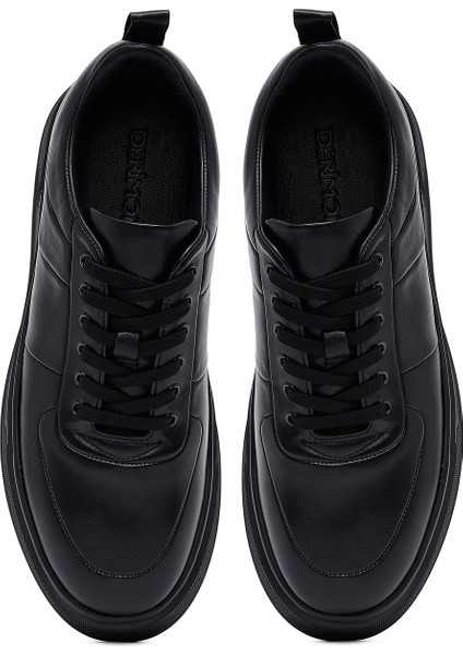Erkek Siyah Bağcıklı Kalın Tabanlı Deri Sneaker 25WFD612318