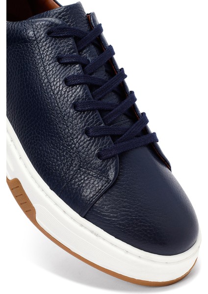 Erkek Lacivert Bağcıklı Kalın Tabanlı Deri Sneaker 25WFD6885FT