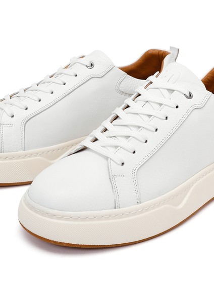 Erkek Beyaz Bağcıklı Kalın Tabanlı Deri Sneaker 25WFD675014