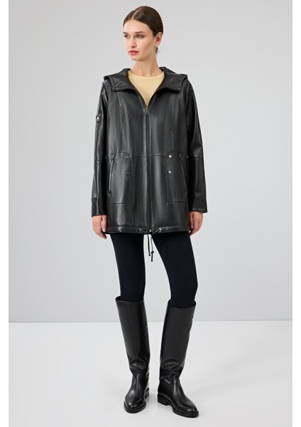 Cindy Kadın Siyah Kapüşonlu Deri Kaban 25WGE52731M indirimleri