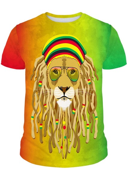 Hippi Aslan Baskılı Çok Renkli Slim Fit Tişört