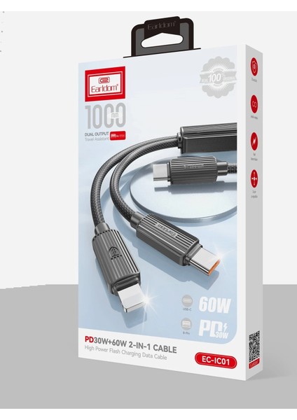 EC-IC01 1.2m Type-C To Type-C 60W ve Lightning 30W Çift Çıkışlı 2in1 Pd Hızlı Şarj Kablosu - Siyah indirimleri