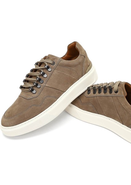 Erkek Vizon Bağcıklı Kalın Tabanlı Nubuk Deri Sneaker 25WFD7072V3
