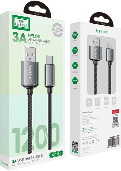 EC-199C 1.2m 3A USB To Type-C Hızlı Şarj Kablosu - Siyah modelleri