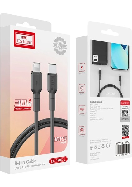EC-198CL 1m 30W Type-C To Lightning Pd Hızlı Şarj Kablosu - Siyah