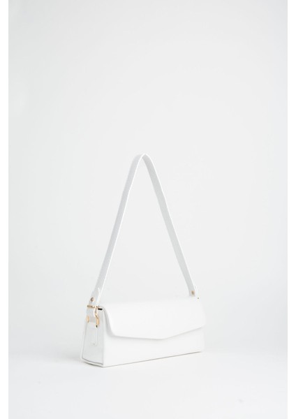Kadın Gelincik Beyaz Dokulu Suni Deri Astarlı Çıt Çıt Kapama El Kol ve Omuz Çantası