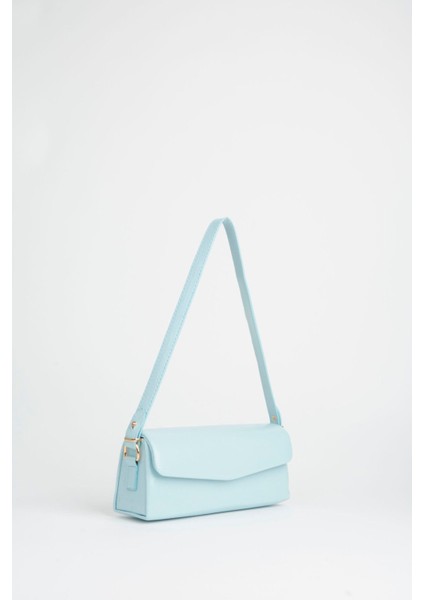 Kadın Gelincik Bebe Mavi Dokulu Suni Deri Astarlı Çıt Çıt Kapama El Kol ve Omuz Çantası