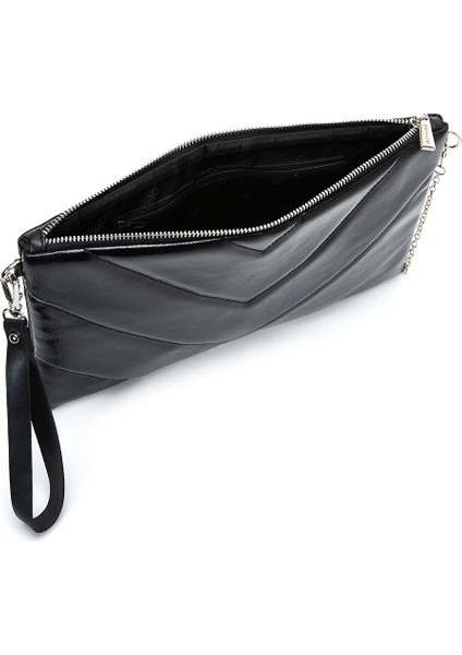 Kadın Siyah Zincir Askılı Desenli Portföy Çanta 25ABD220132