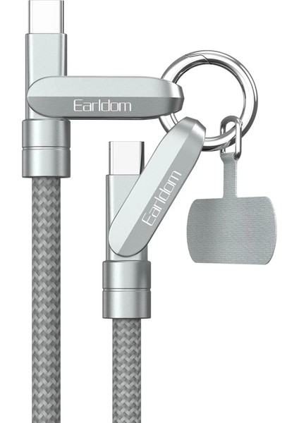EC-208CC 1m 60 Type-C To Type-C Ekstra Boyun Askısına Dönüşme Özellikli Pd Hızlı Şarj Kablosu - Gümüş