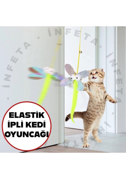 Çıngıraklı Kedi Oyun Oltası Ipli Elastik Kelebek Model Kapıya Yapışan Kedi Oyuncağı
