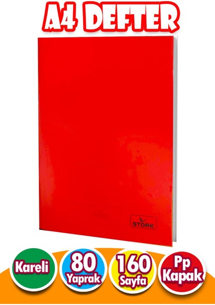 Pp Kapaklı Tel Dikişli Defter 80 Yaprak | A4 | Kareli Defter Büyük Boy