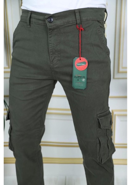 Erkek Haki Likralı Kargo Pantolon Esnek Gabardin/kanvas Körüklü Cep Komando Kargo Cep Şık Pantolon