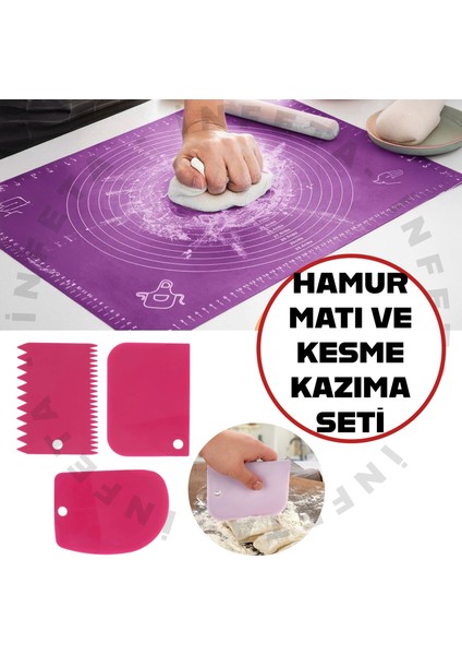Silikon Ölçekli Hamur Açma Matı ve 3'lü Hamur Kesici Kazıyıcı Şekillendirici Set